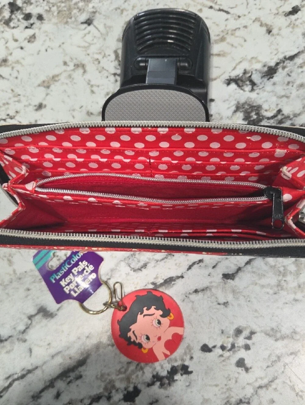 Betty Boop Red Wallet with Black & White Stripe Accents and Matching Keychain